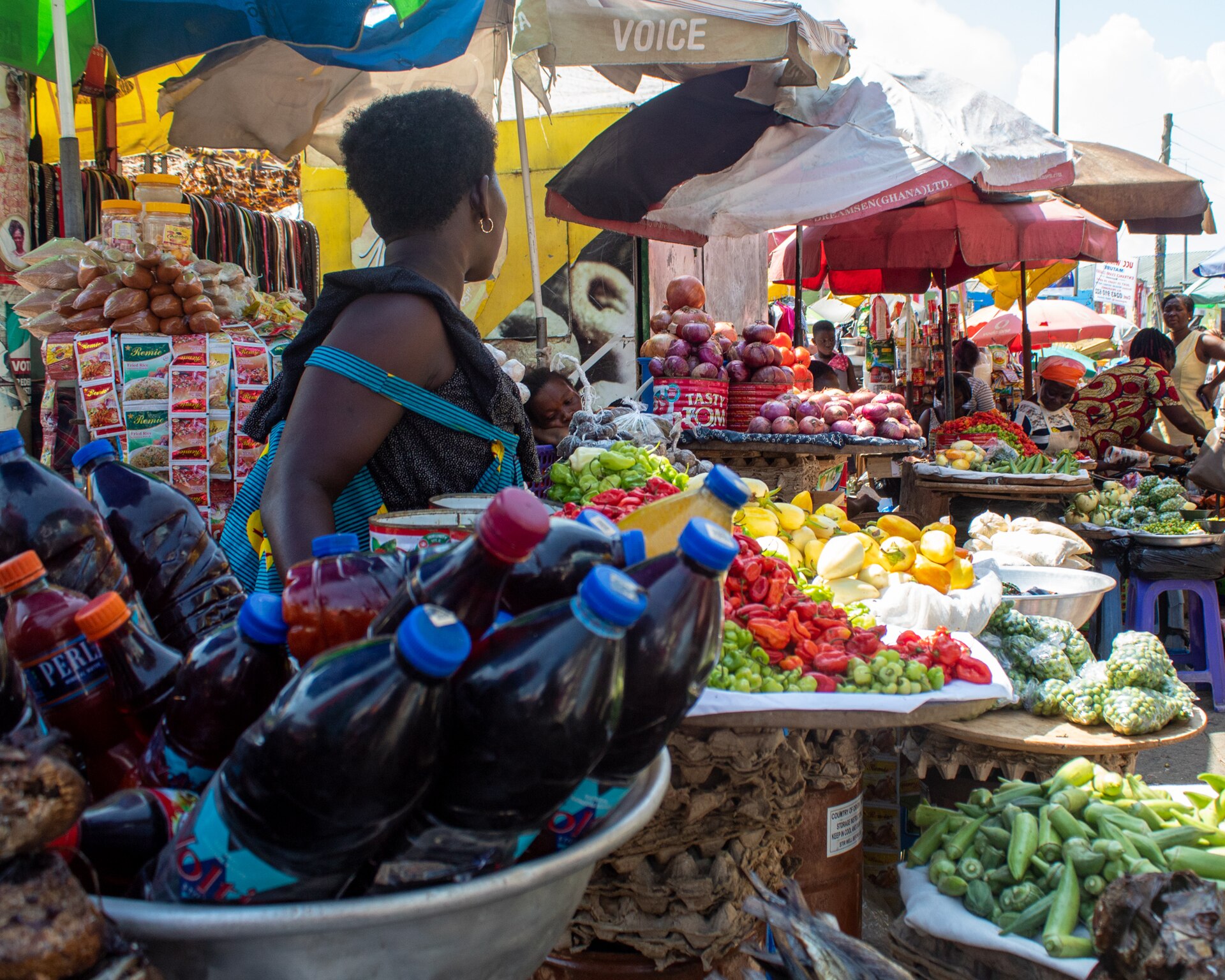Fresh locally grown vegetables displayed at an African urban produce market