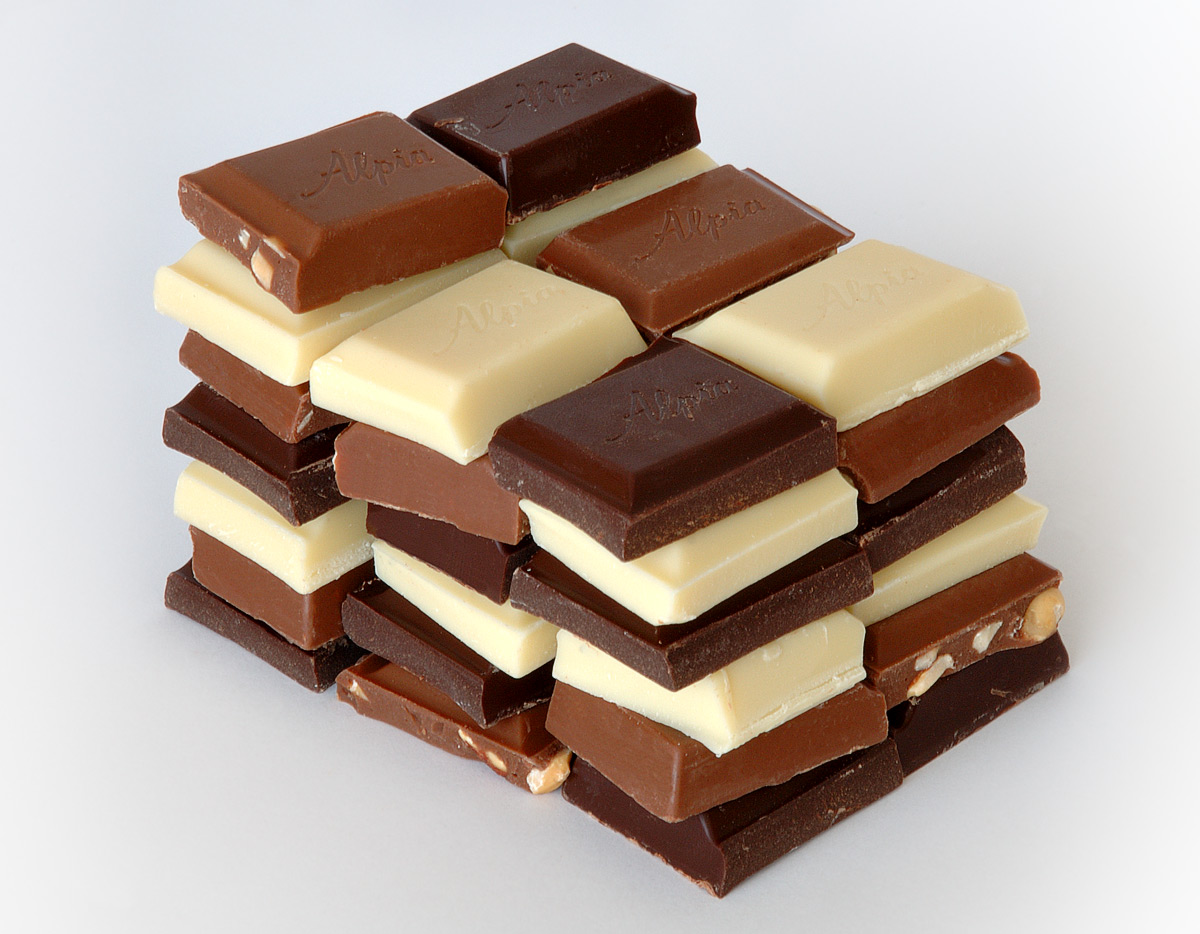 Stacked squares of dark, milk and white chocolate