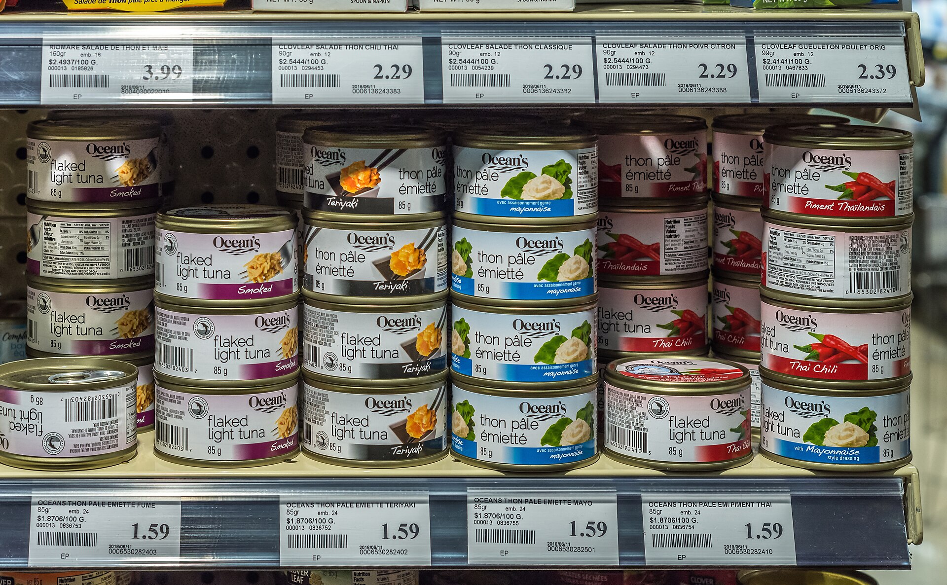 Shelf of canned tuna in a grocery store, one of the standardized foods covered by FDA's salt substitute rule
