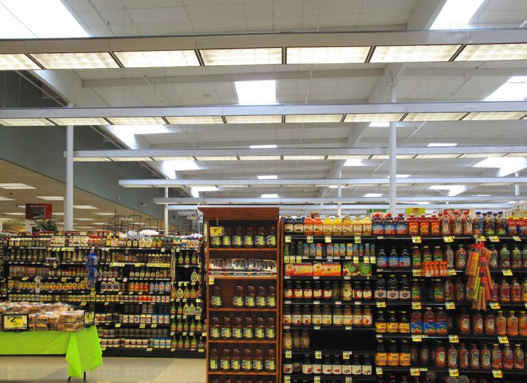 Shelves of packaged sauces and condiments in a Ralphs grocery store in the United States