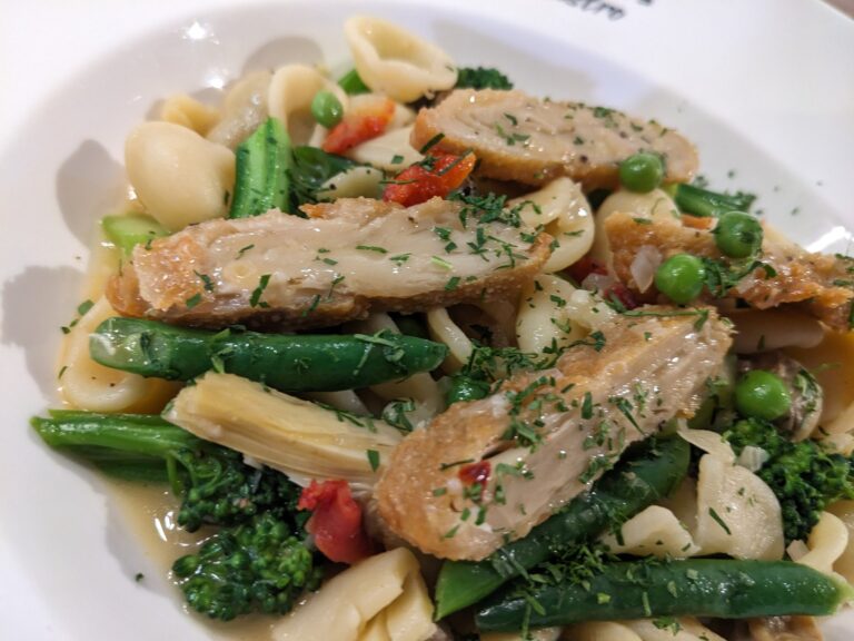 Pasta dish with strips of GOOD Meat cultivated chicken served at Huber's Butchery, Singapore
