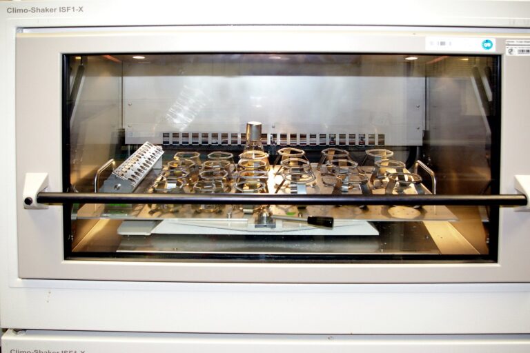 Laboratory shaker-incubator holding cell culture flasks