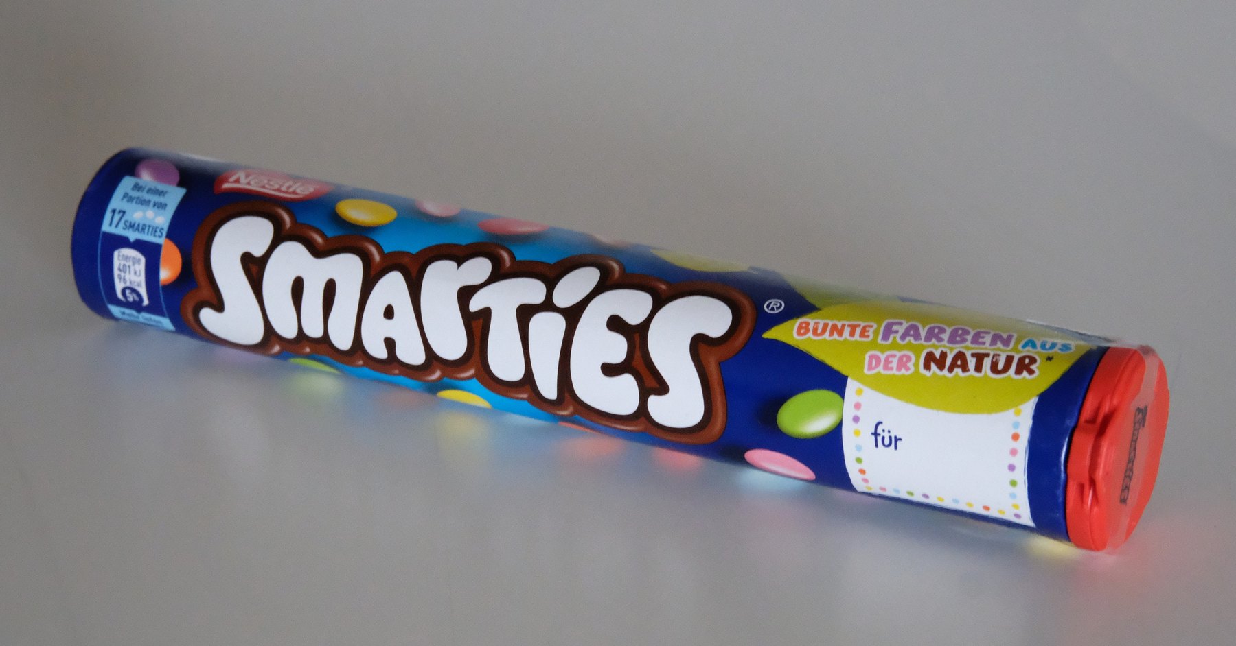 Tube of Nestle Smarties labelled with natural colours