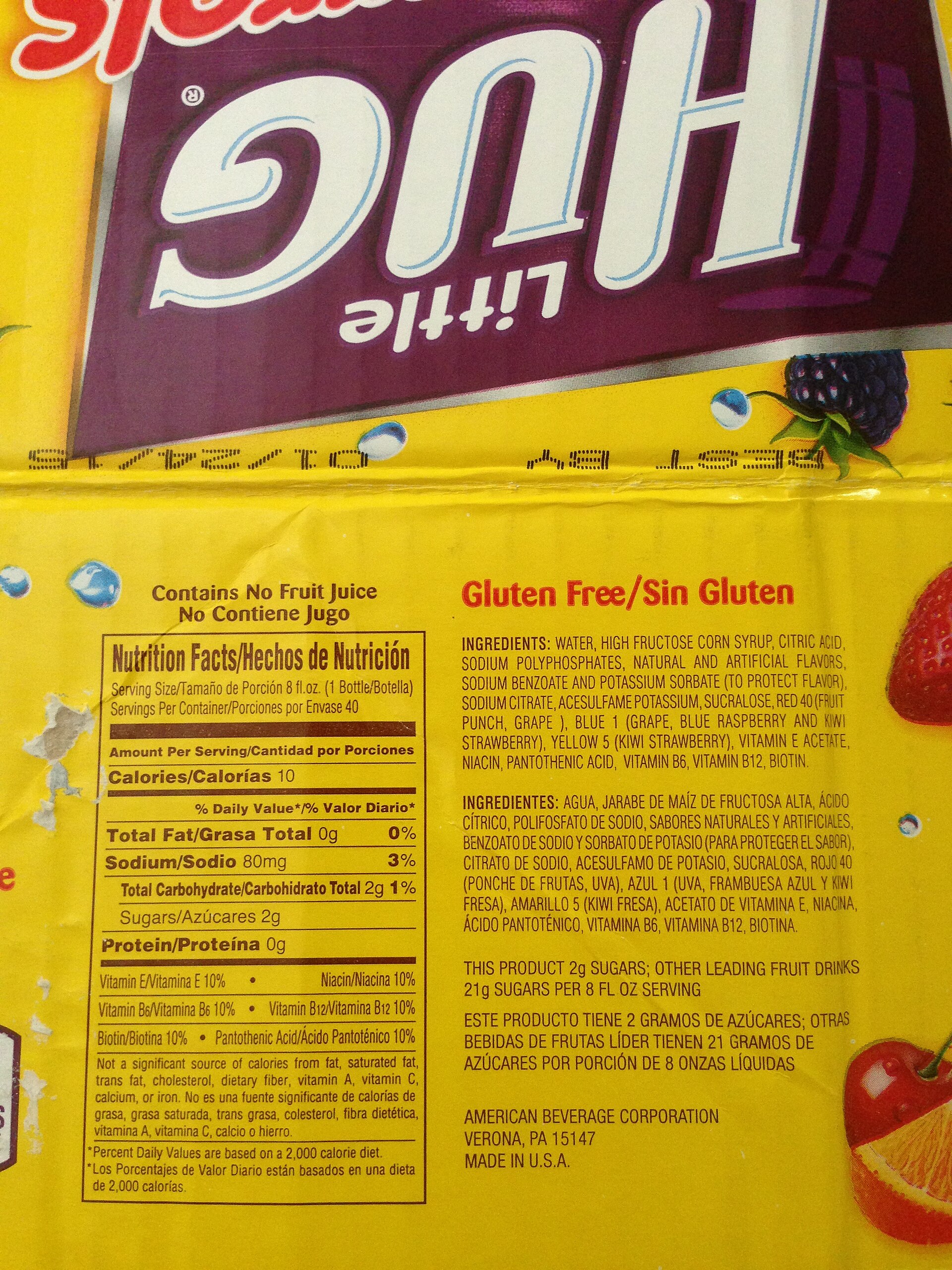 Ingredients list and Nutrition Facts panel on a US packaged beverage carton