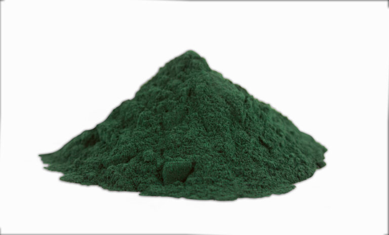 Pile of dark green spirulina microalgae powder on a white background