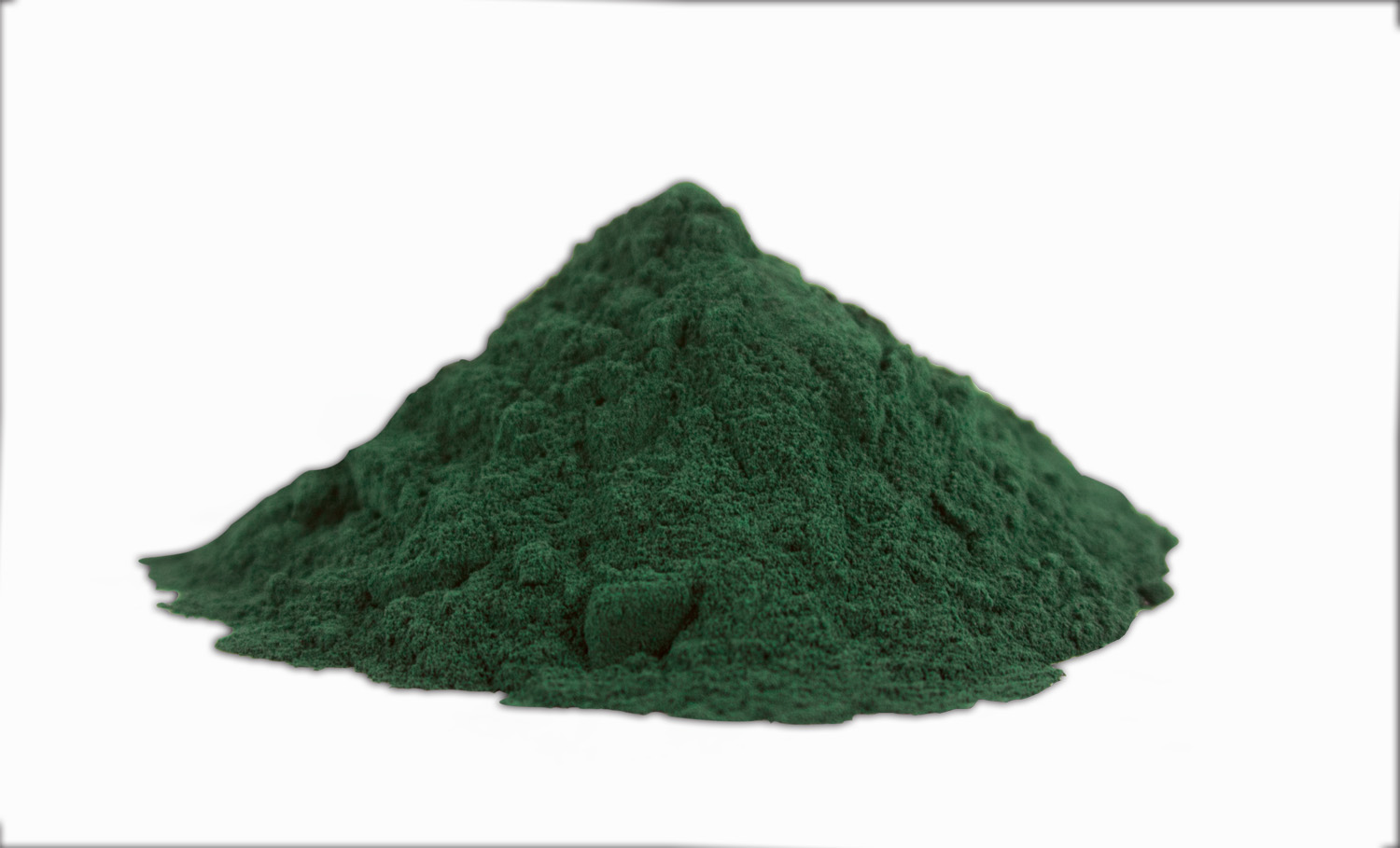 Pile of dark green spirulina microalgae powder on a white background