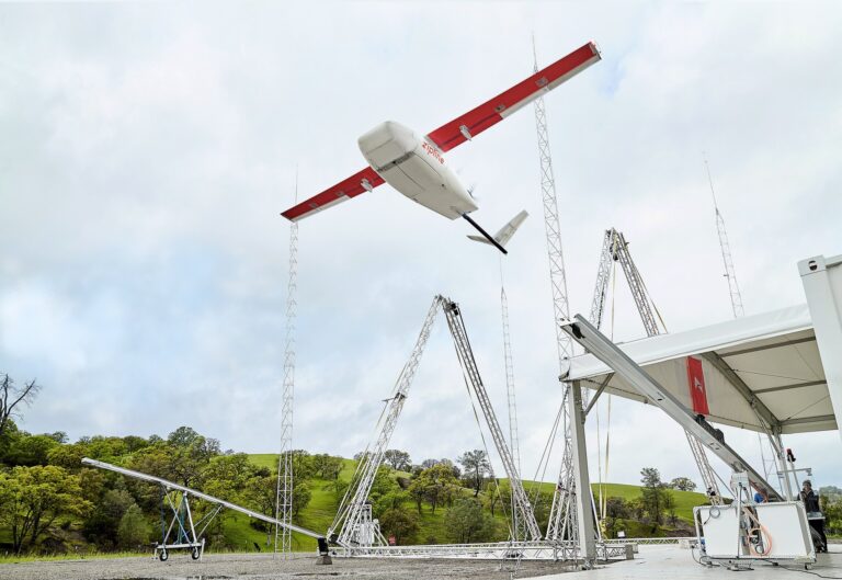 Zipline delivery drone launching from its catapult